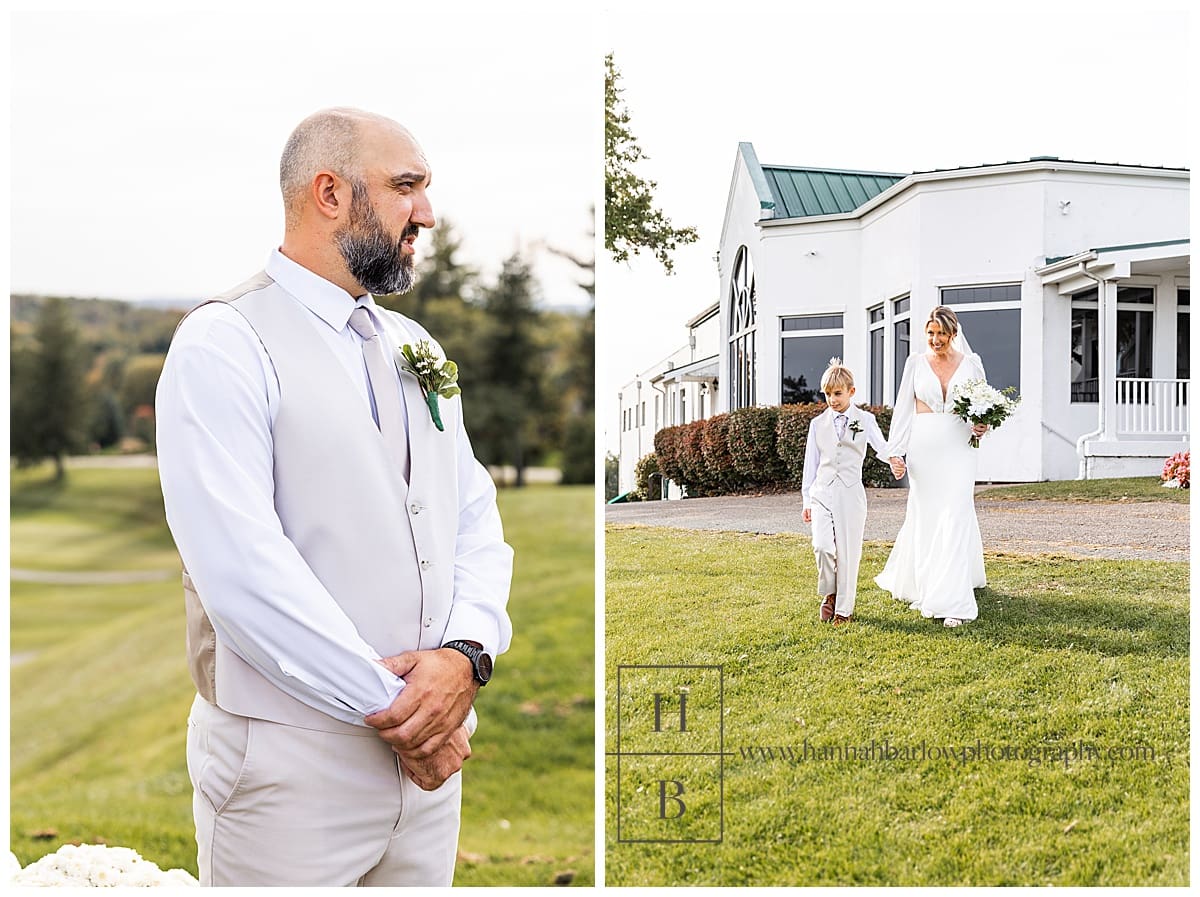 bride walks down outdoor aisle at Belmont hills country club wedding