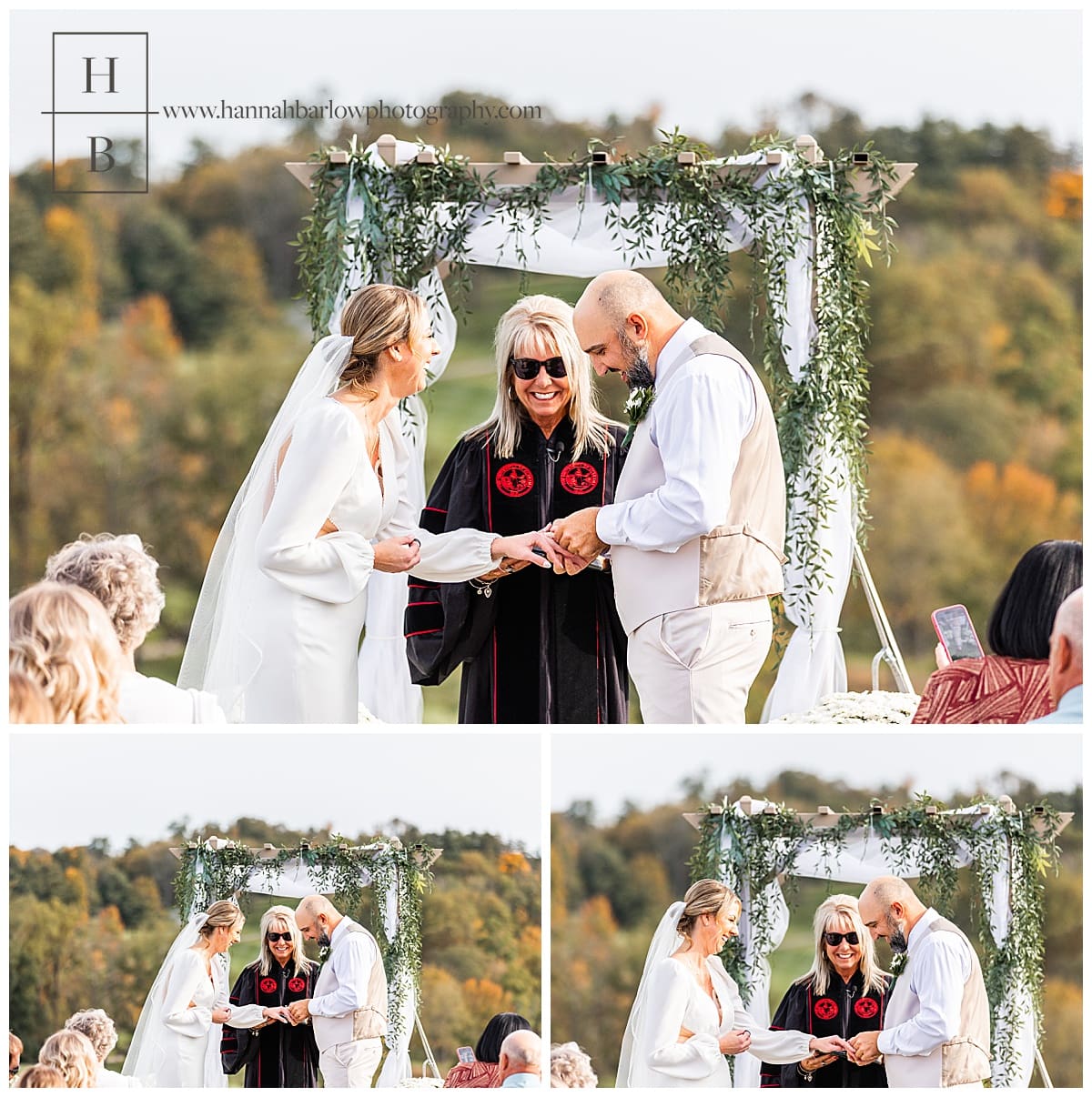 bride and groom laugh at outdoor ceremony while exchanging rings
