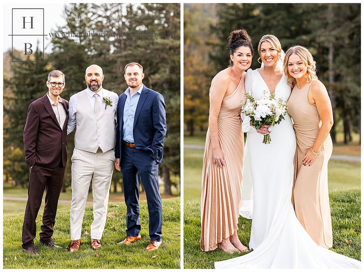 bride and groom pose with friends for photos