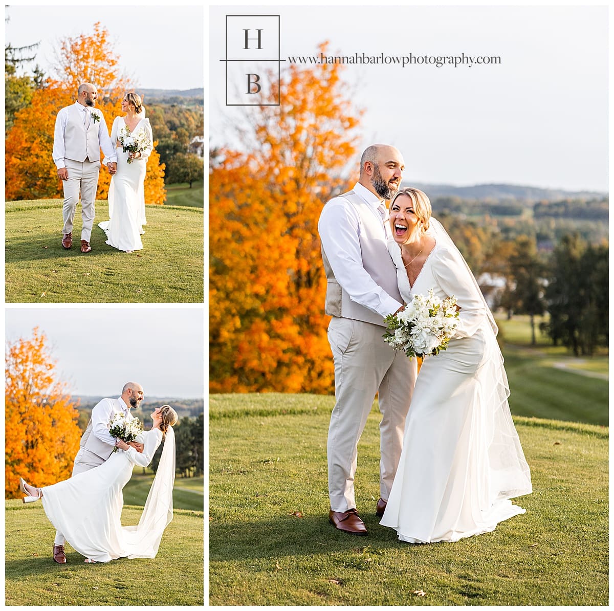 bride and groom pose and laugh for fall wedding photos on golf course at Belmont hills country club wedding