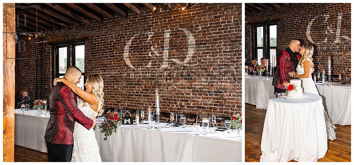 bride and groom share first dance and cut cake
