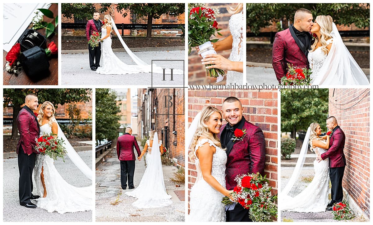 collage of elegant wedding photos with groom wearing red jacket