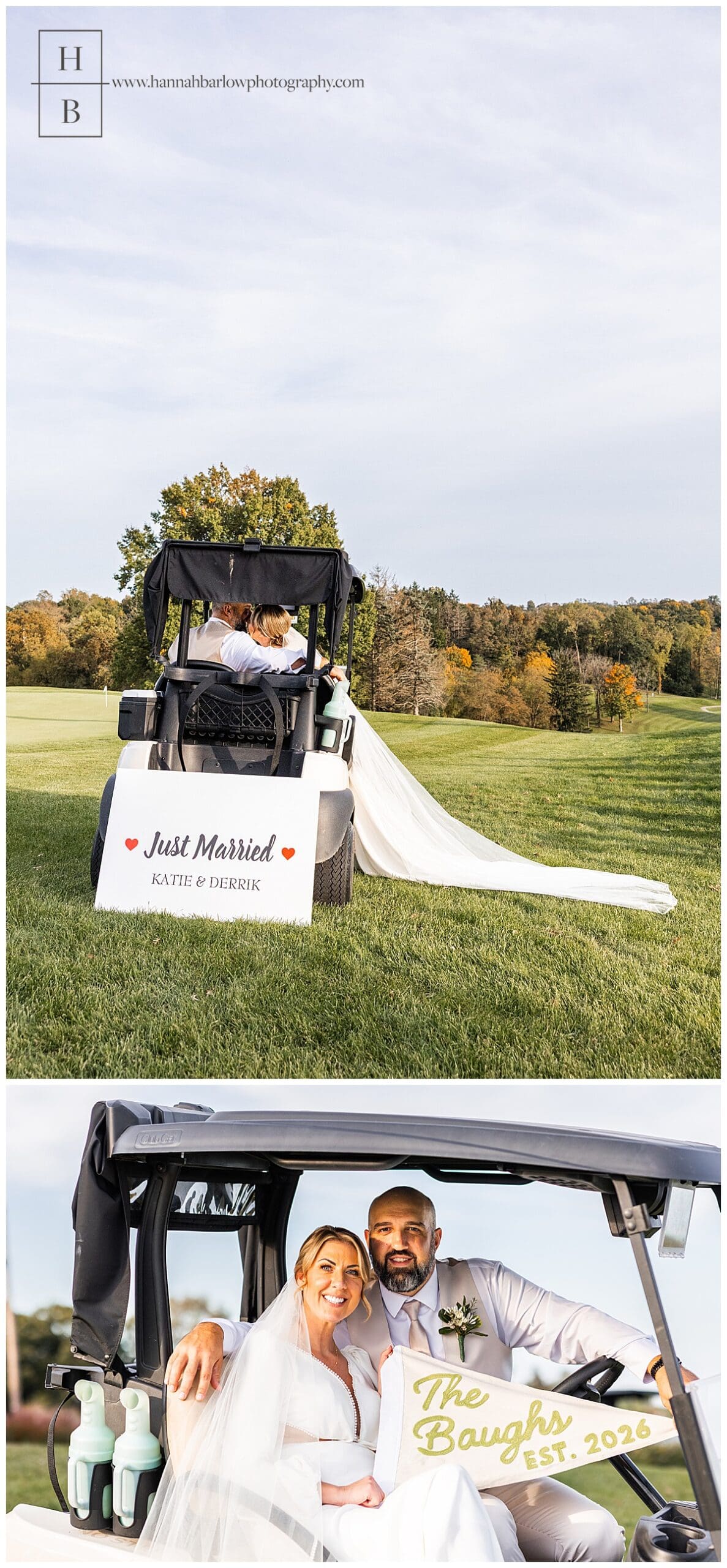 couple poses on golf cart for wedding photos at Belmont county country club wedding