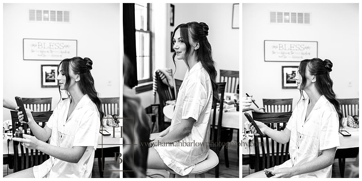 black and white photos of bride getting hair and makeup done
