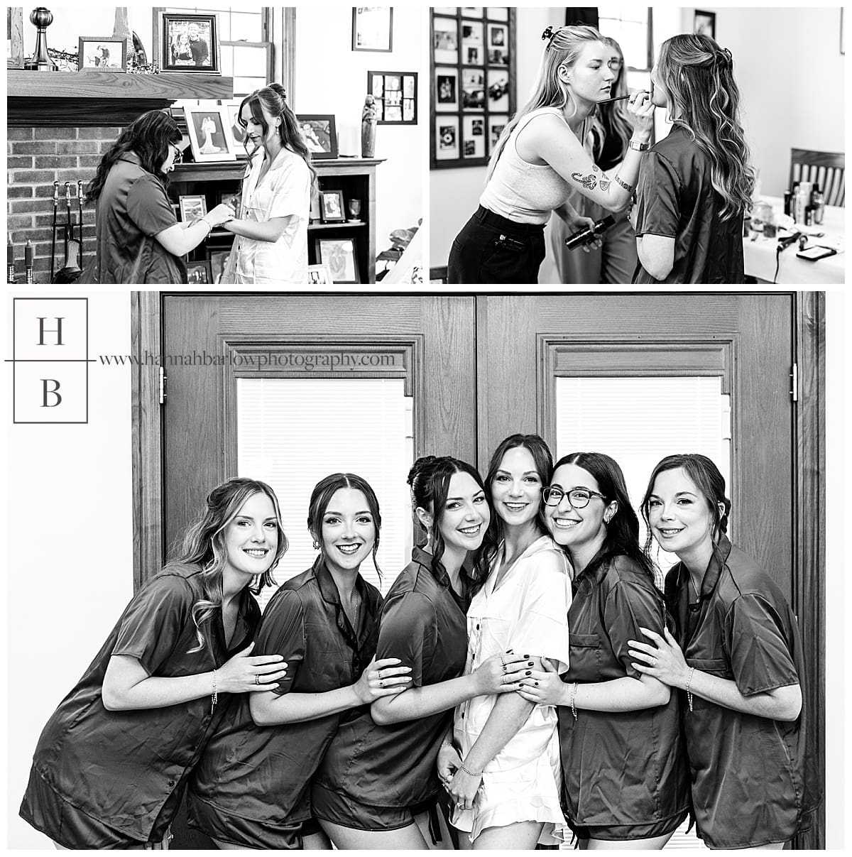 black and white photos of bride and bridesmaids getting ready