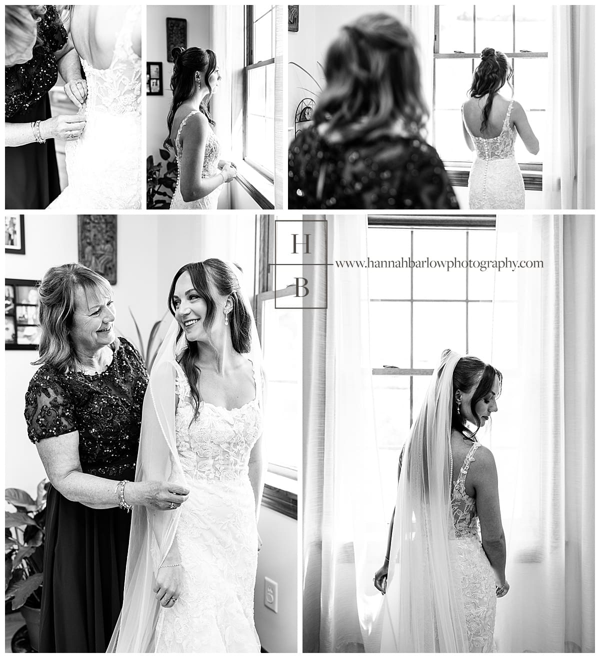 photos of bride and mom getting ready for wedding in black and white