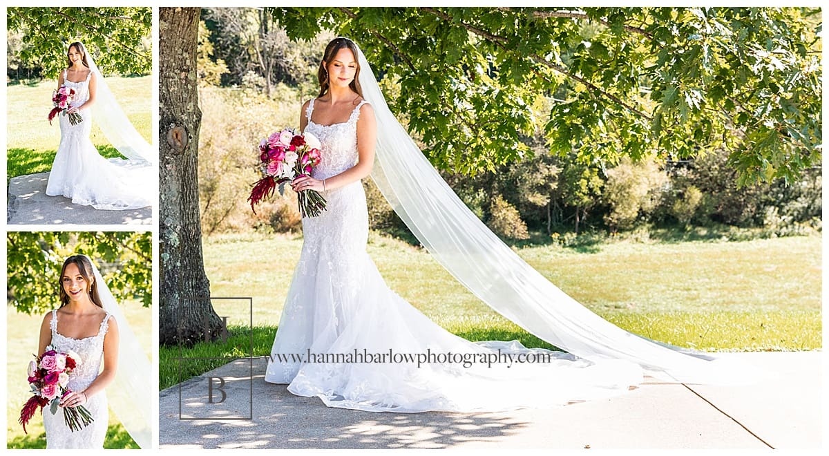 bride poses with bouquet