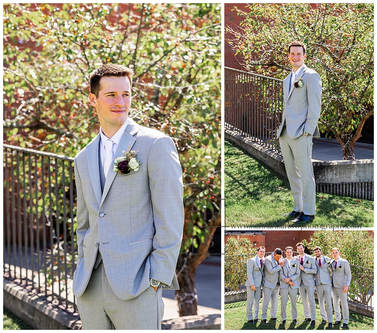 groom in grey tux poses for wedding photos