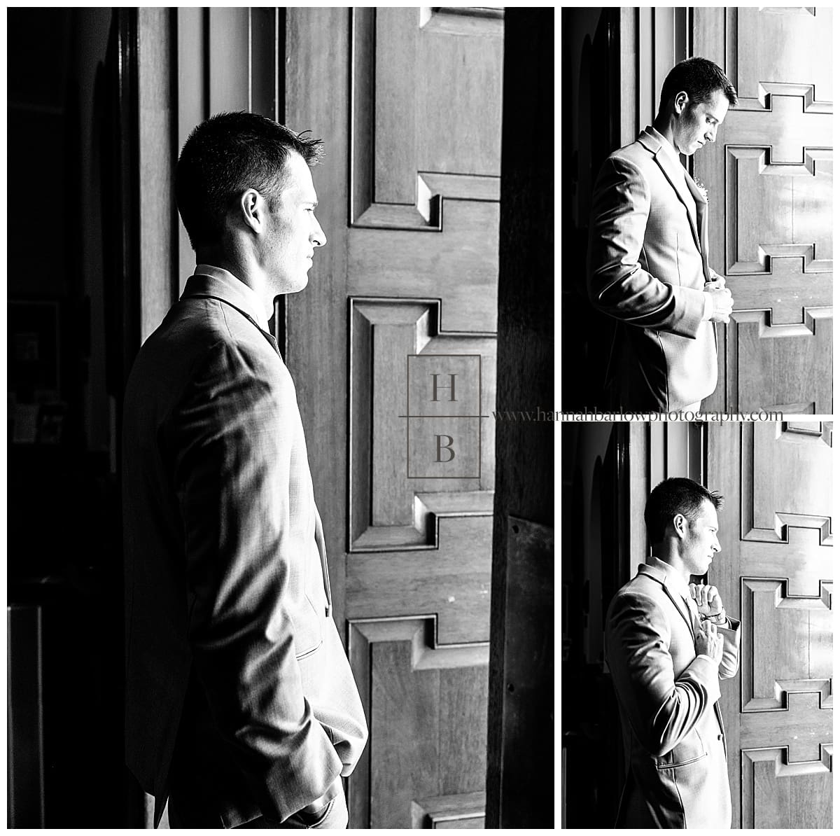 black and white photos of groom at church