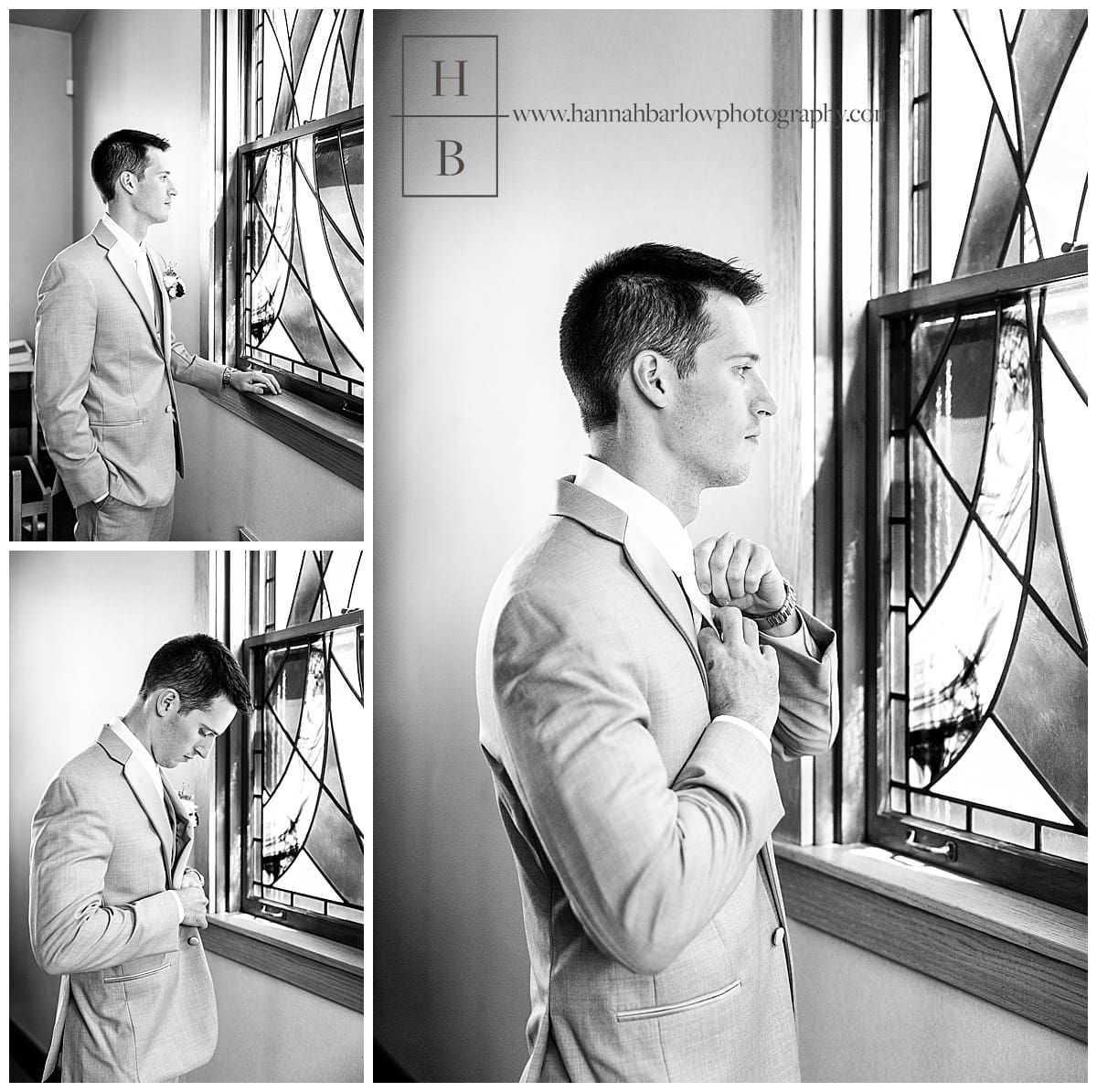 black and white photos of groom standing by church windows