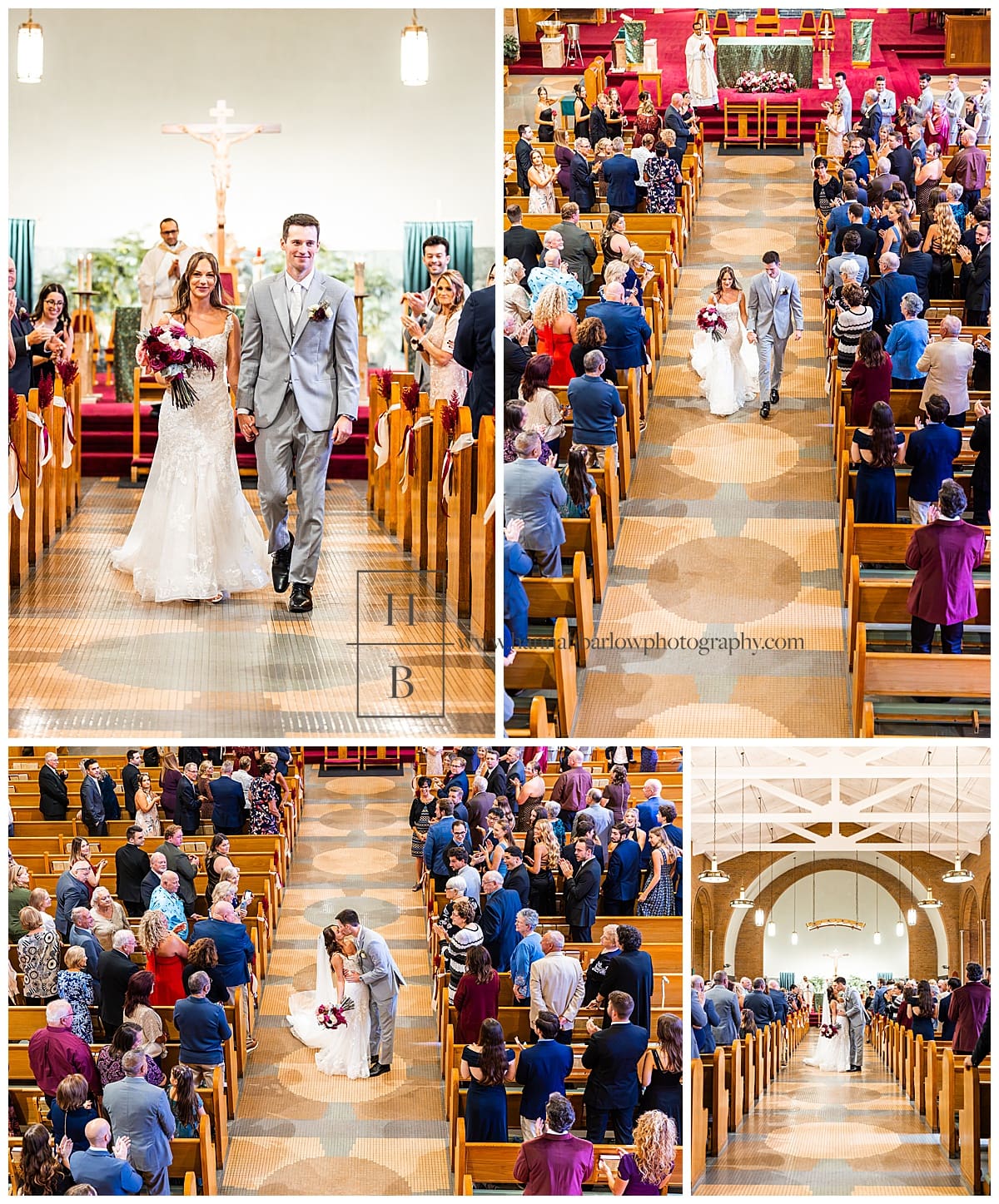 bride and groom walk back the aisle smiling at Catholic Church ceremony