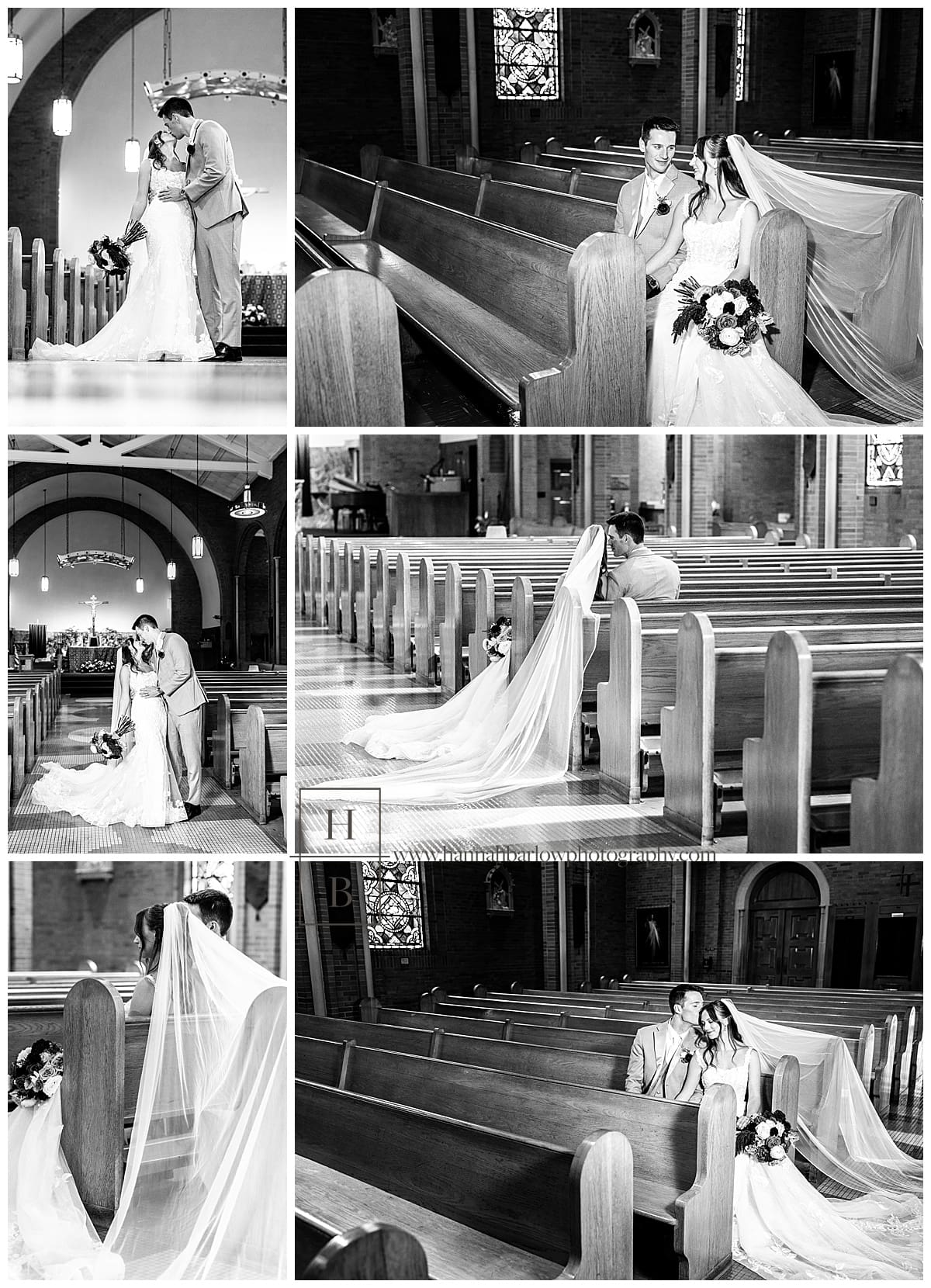 black and white formal photos of bride and groom in pew