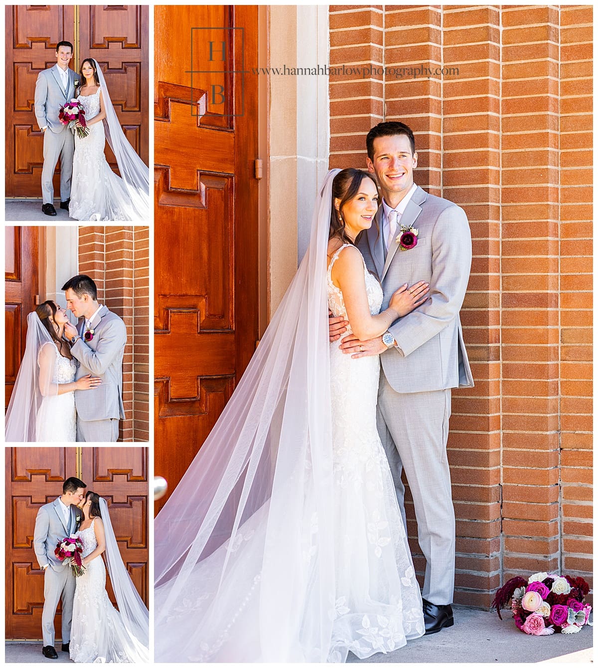 bride and groom stand outside church for formal photos