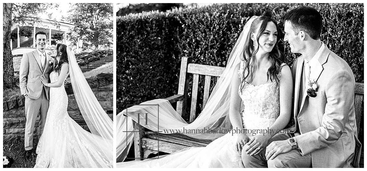 black and white photos of wedding couple on bench