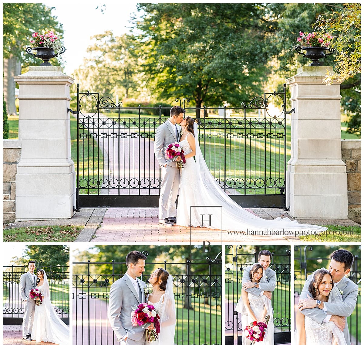 bride and groom pose for wedding photos by iron gates