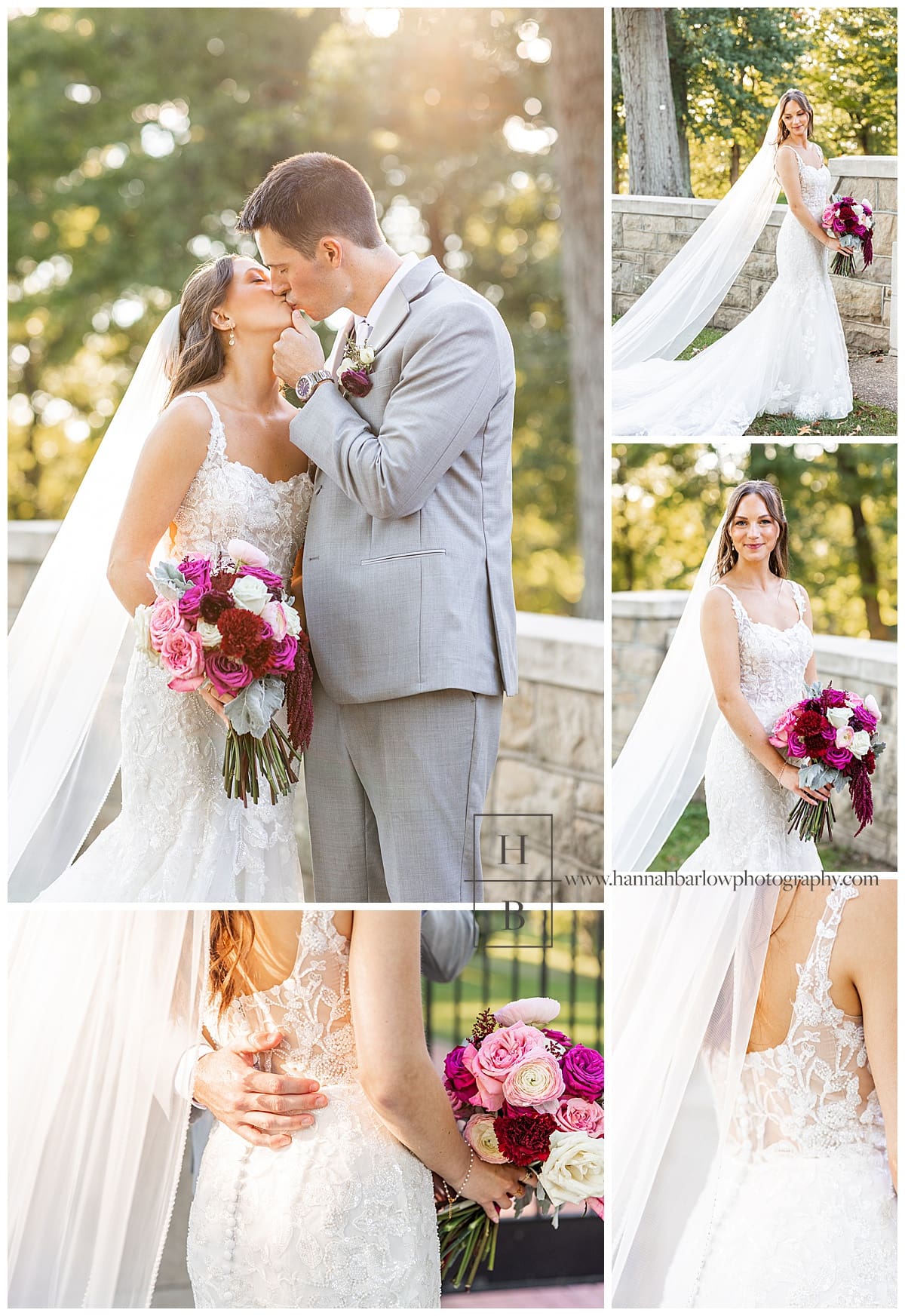 bride is kissed by groom and poses for formal photos