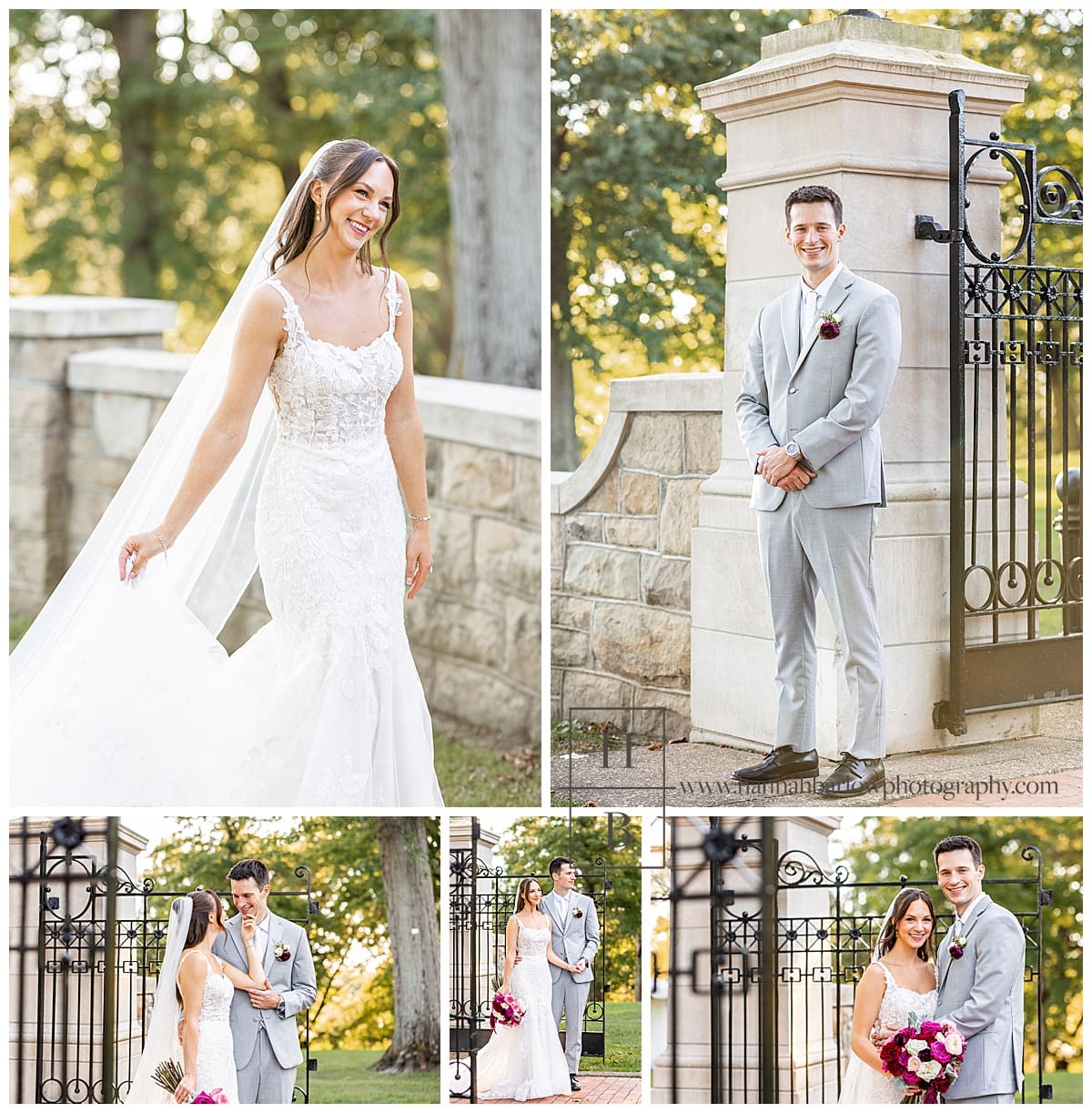 bride and groom pose smiling for wedding photos