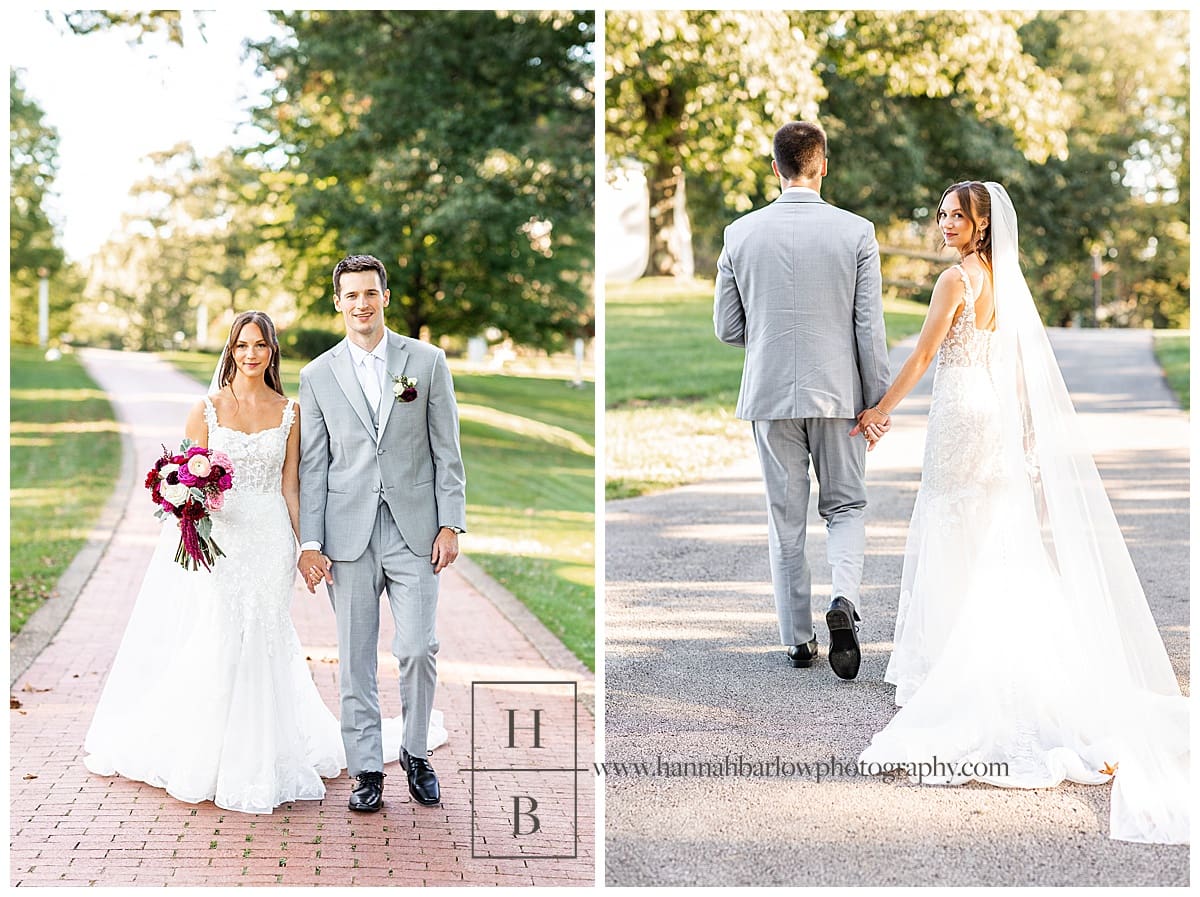 bride and groom walk hand in hand for wedding photos